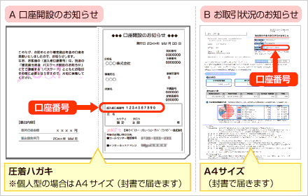 A: 口座開設のお知らせ 圧着ハガキ ※個人型の場合はA4サイズ(封書で届きます) B: お取引状況のお知らせ A4サイズ(封書で届きます)